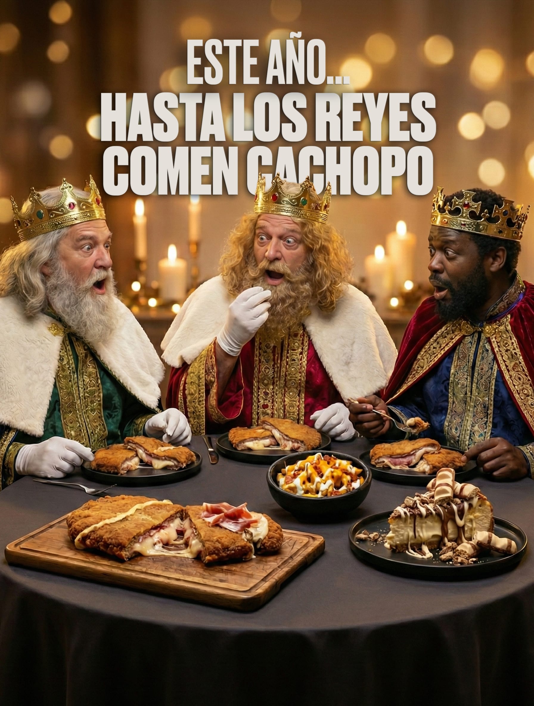 Three Kings campaign poster, with the Magi eating cachopo