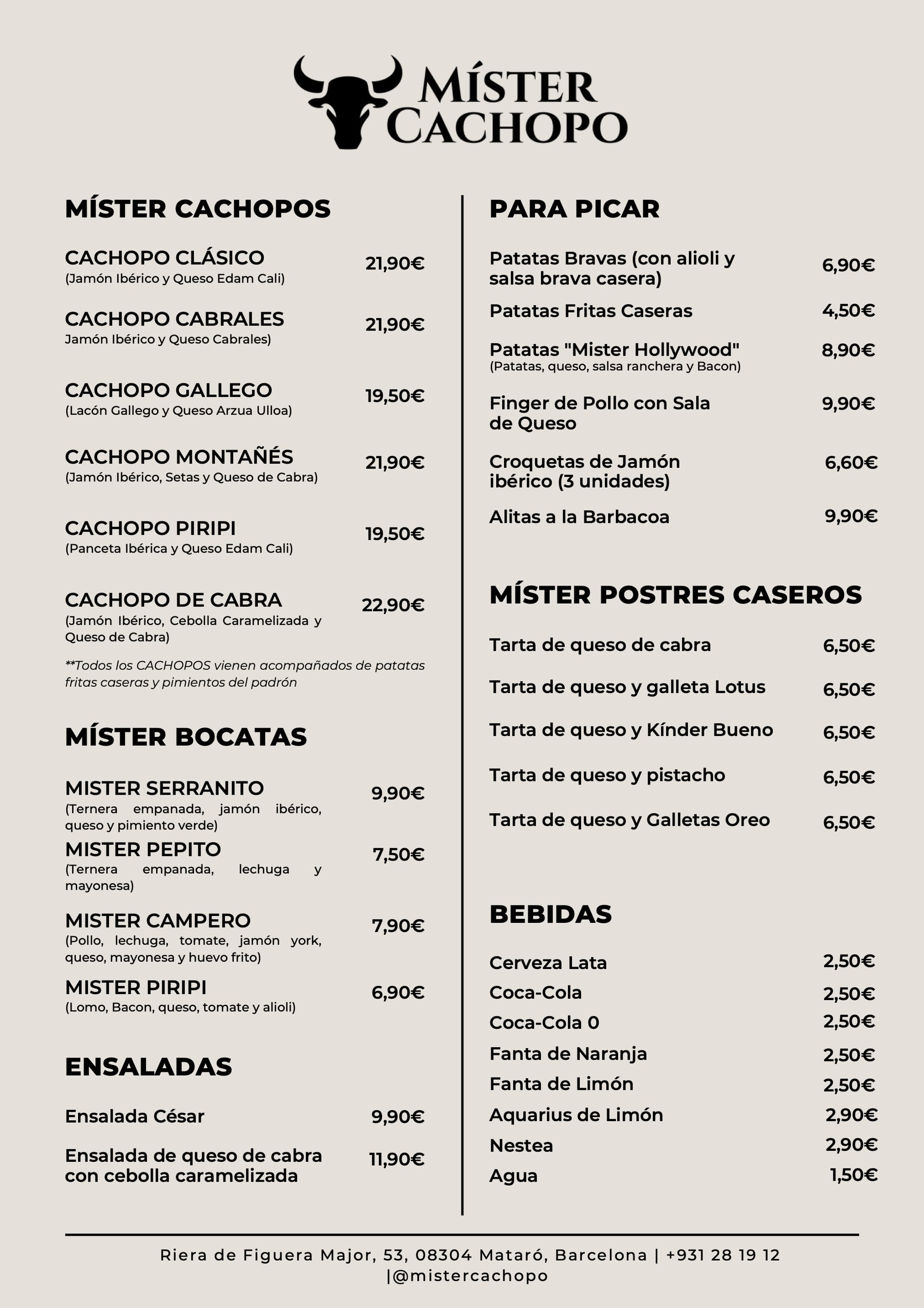 The Míster Cachopo menu: cachopos, sandwiches, tapas and desserts