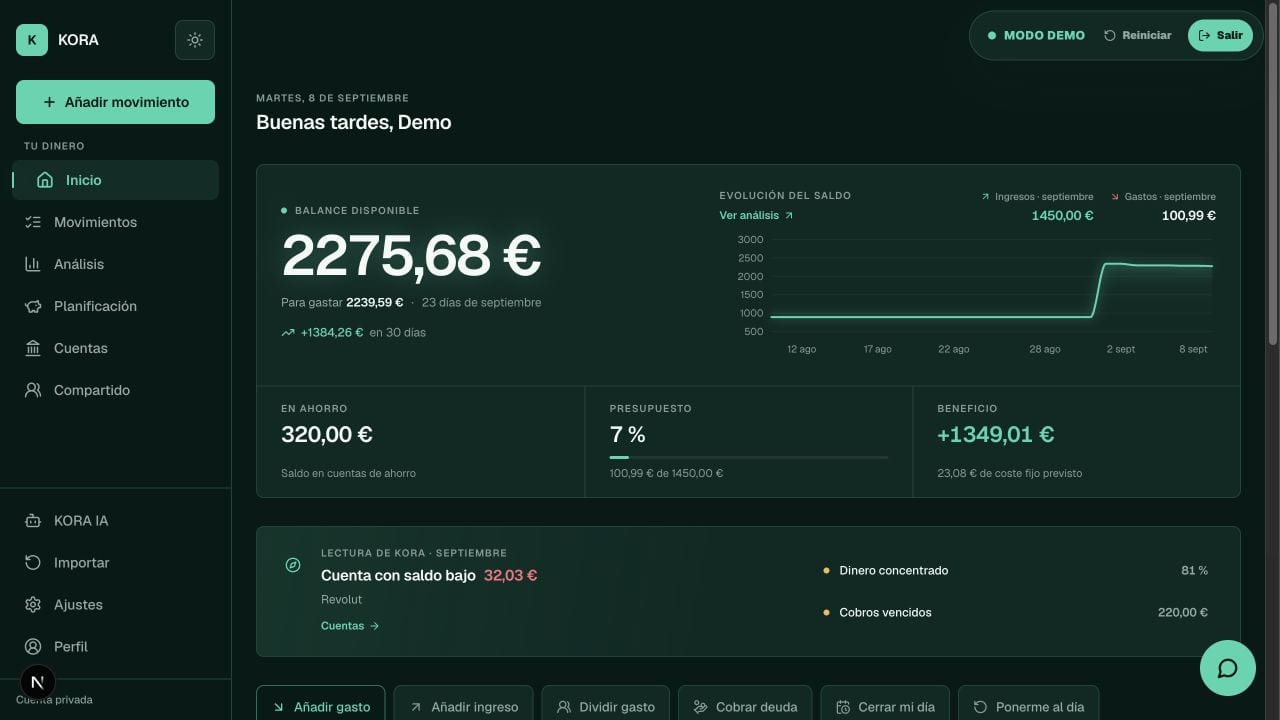 Kora finance dashboard showing balance, cash flow, savings and contextual insights in demo mode