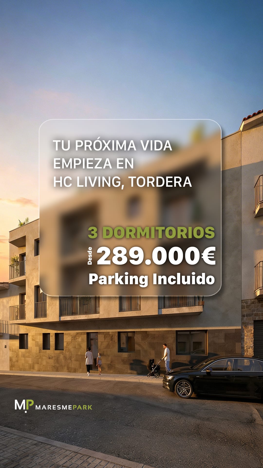 HC Living Tordera poster: full-bleed render with a translucent panel
