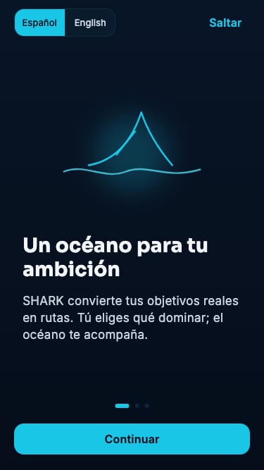 Shark onboarding screen with the line An ocean for your ambition