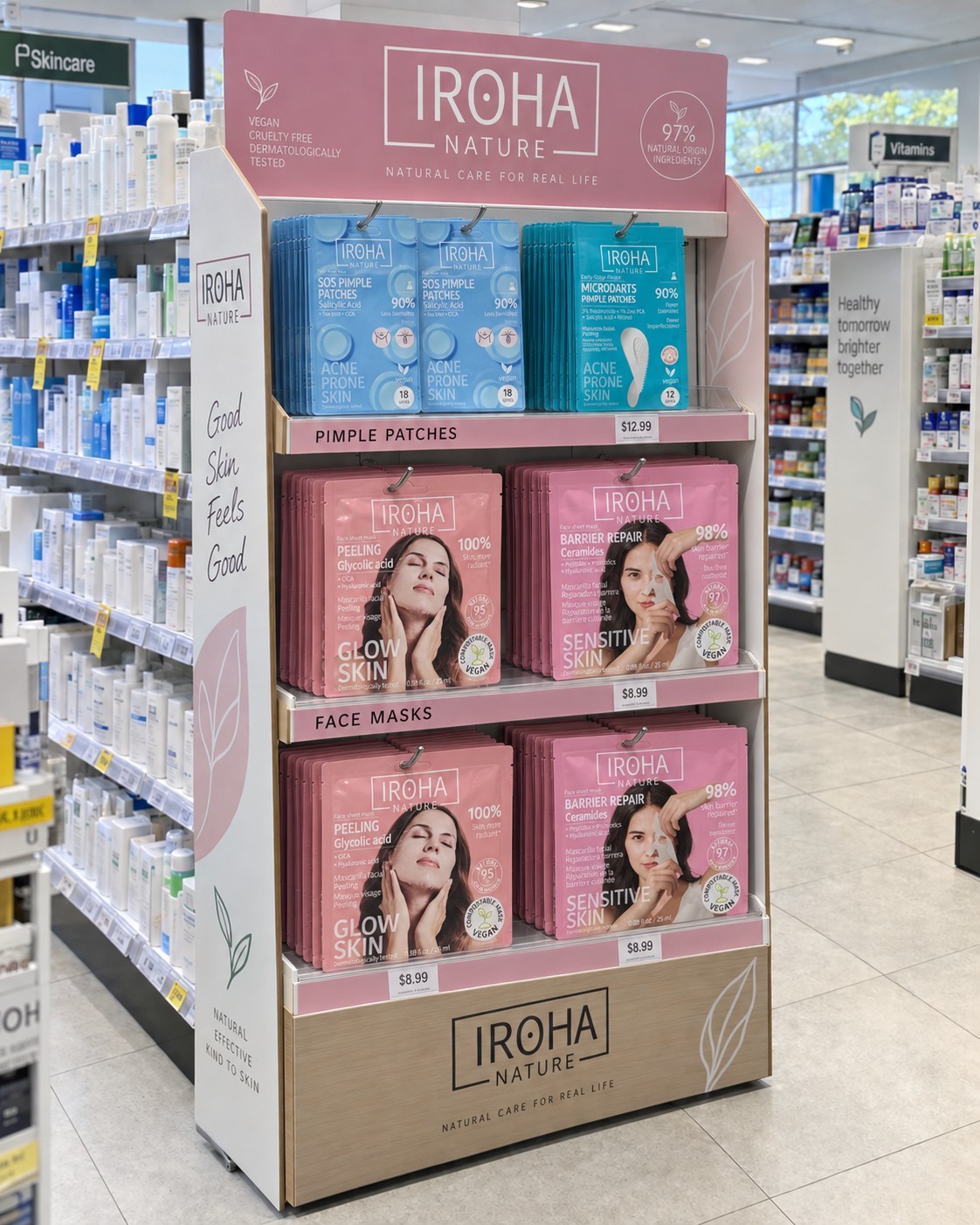 AI-generated Iroha Nature retail display concept; not a photograph of a real installation